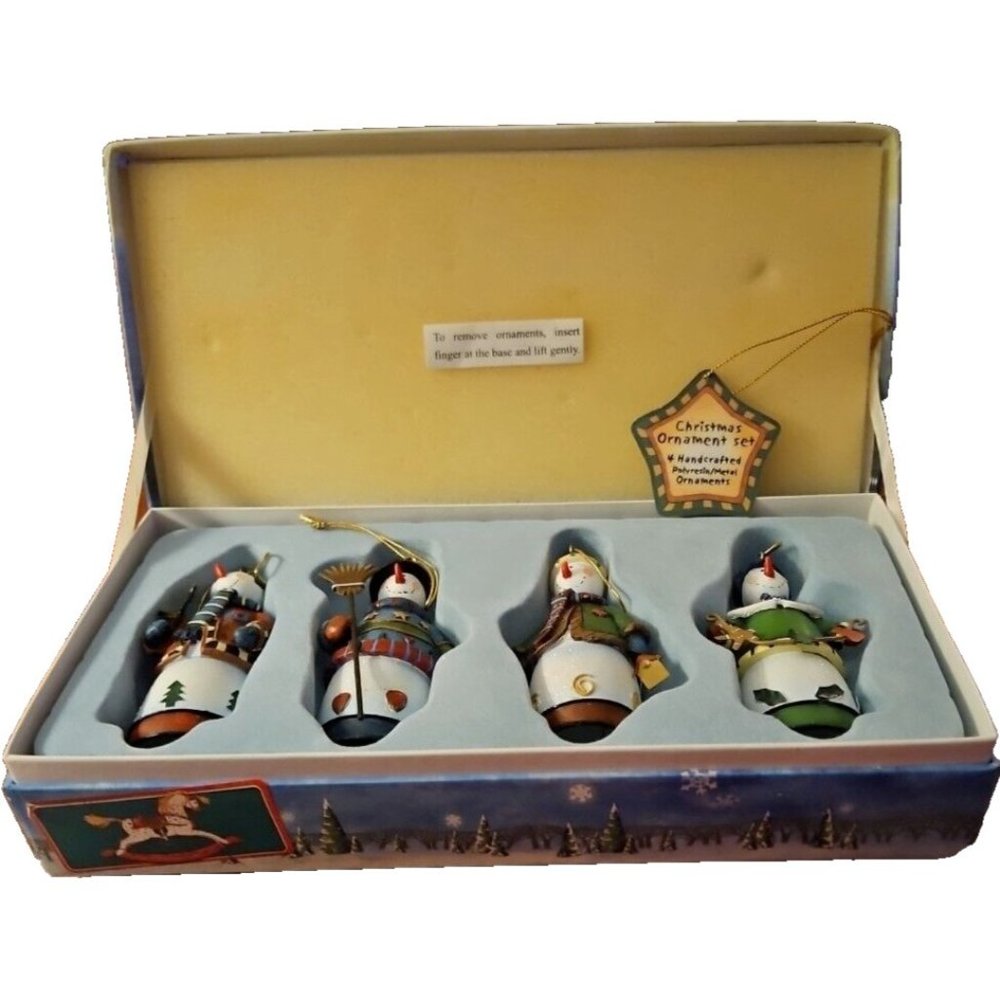 Vintage Christmas Ornaments Set  4 Handcrafted Polyresin Ornaments Original Box
